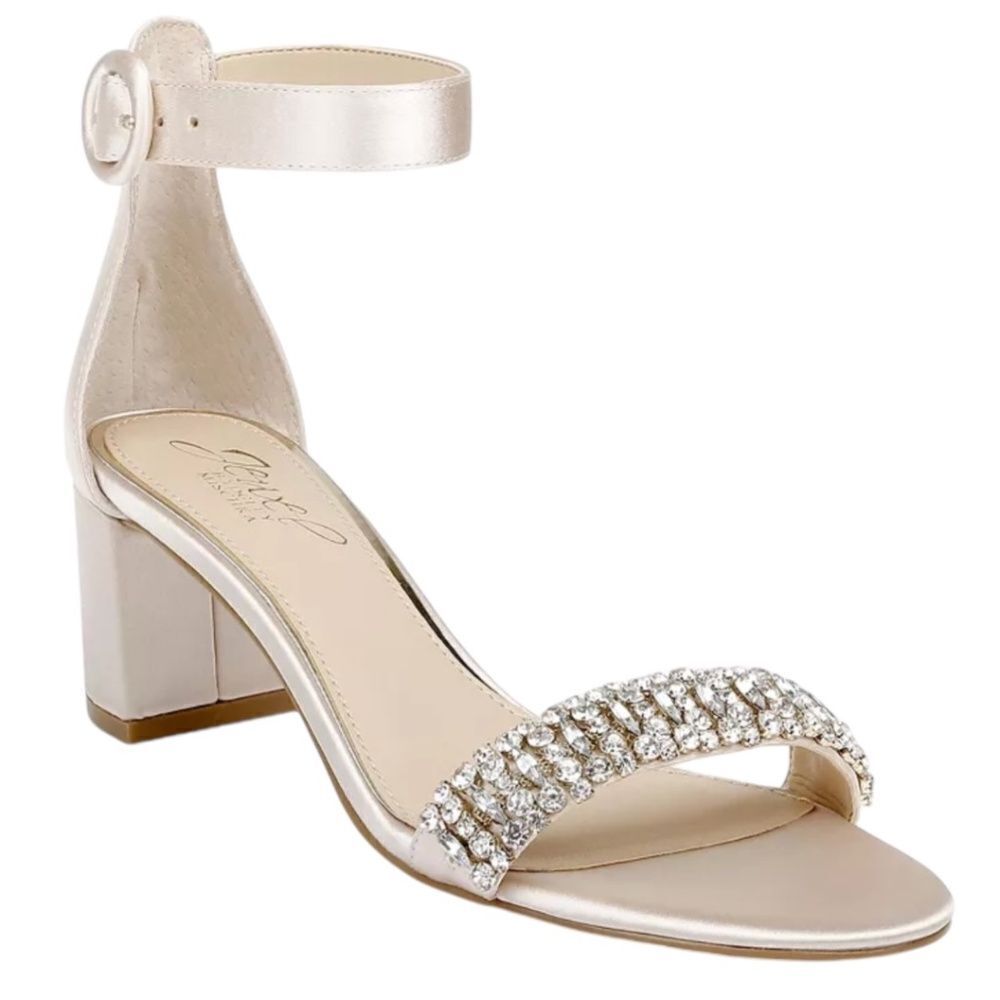 JEWEL BADGLEY MISCHKA James Block Heel Sandal Champagne Satin Rhinestone 9